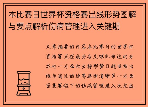 本比赛日世界杯资格赛出线形势图解与要点解析伤病管理进入关键期