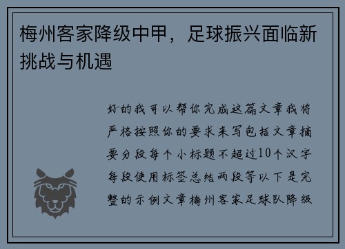 梅州客家降级中甲，足球振兴面临新挑战与机遇